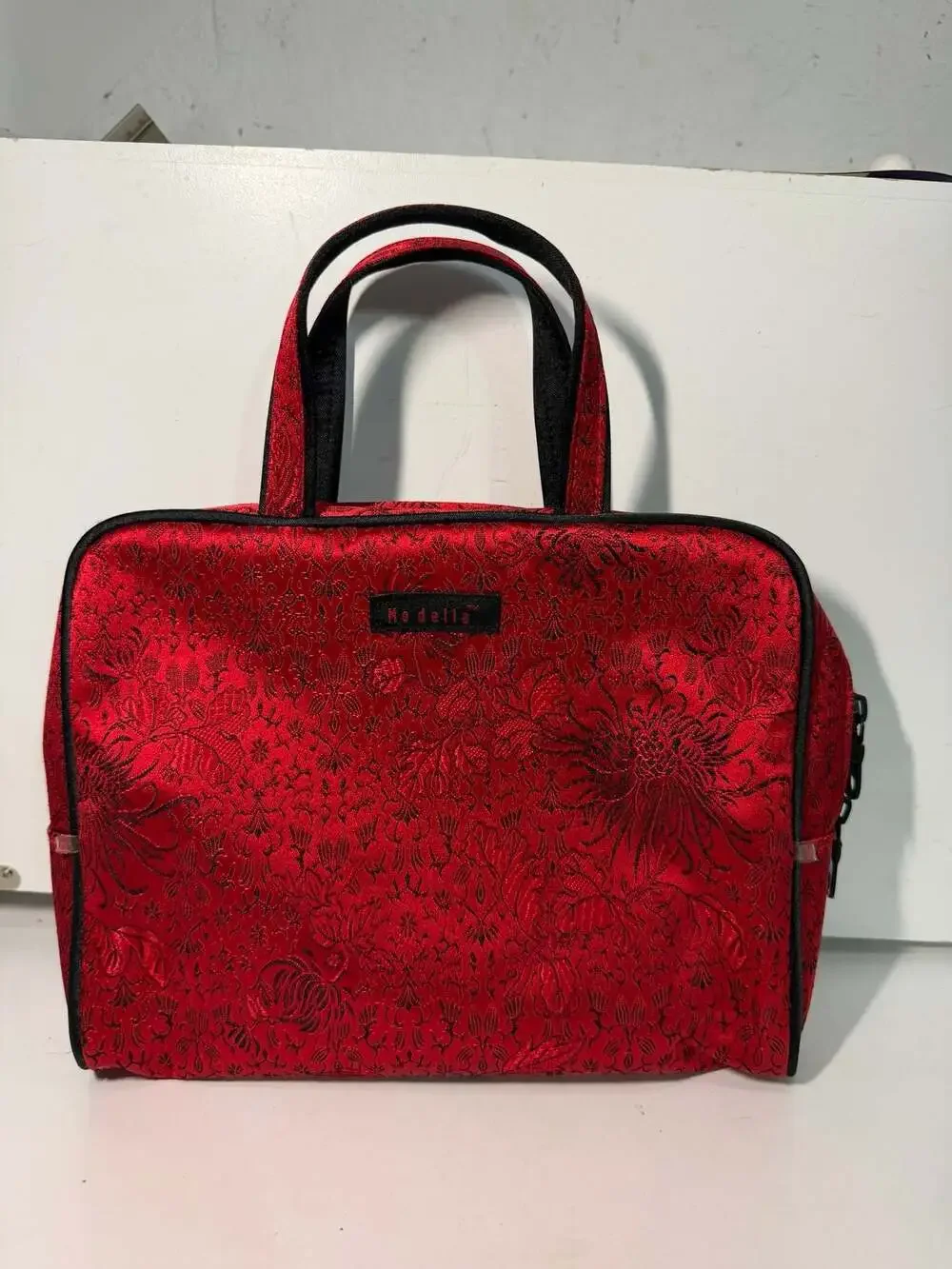 Modella Red Floral Brocade Cosmetic Makeup Bag Set